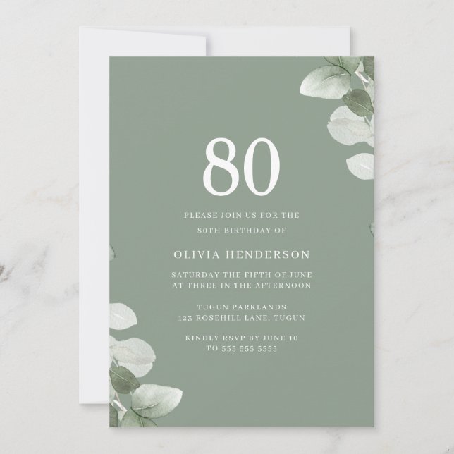 Invitation Sage Green Feuille verdure 80e fête d'anniversaire (Devant)