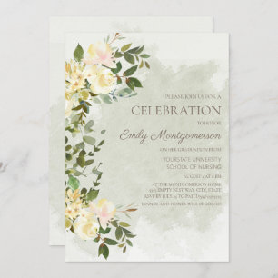 Invitation Sage Green Feuilles Blanc Floral Nurse School Grad