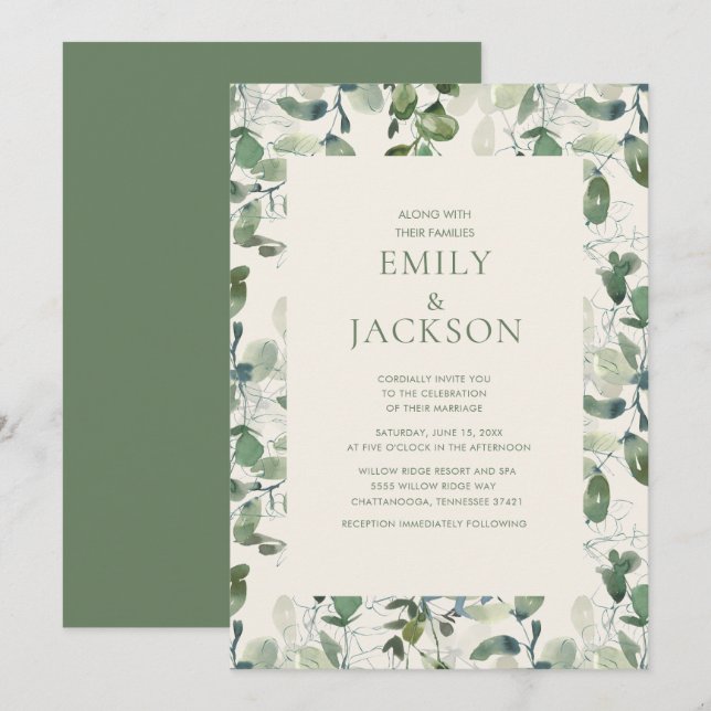 Invitation Sage Green Feuilles d'Eucalyptus Verdure Mariage (Devant / Derrière)