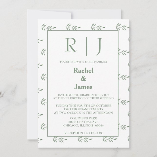 Invitation Sage Green Feuilles Monogramme QR Code Mariage (Devant)