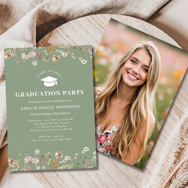Invitation Sage Green Fleur sauvage Graduation Party Boho Blo (Créateur téléchargé)