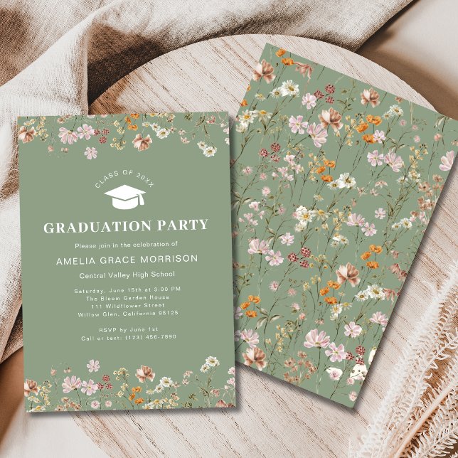 Invitation Sage Green Fleur sauvage Graduation Party Boho Blo (Créateur téléchargé)
