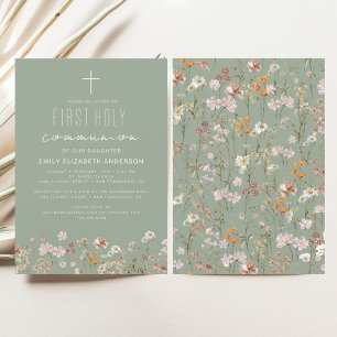 Invitation Sage Green Fleur sauvage Première sainte communion