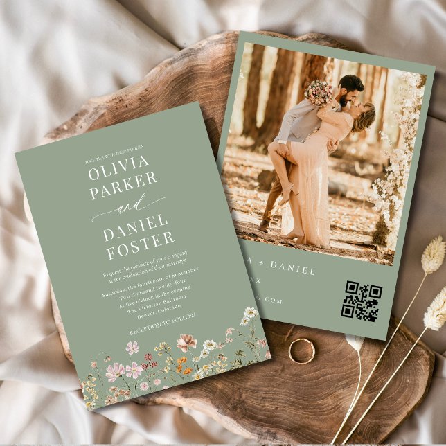 Invitation Sage Green Fleur sauvage QR Code Photo Boho Mariag (Créateur téléchargé)