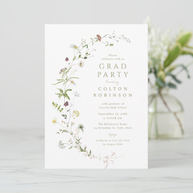 Invitation Sage Green Fleur sauvage Rustic Boho Graduation (Debout devant)