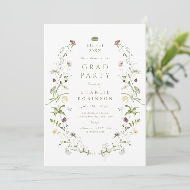 Invitation Sage Green Fleur sauvage Rustic Boho Graduation (Debout devant)