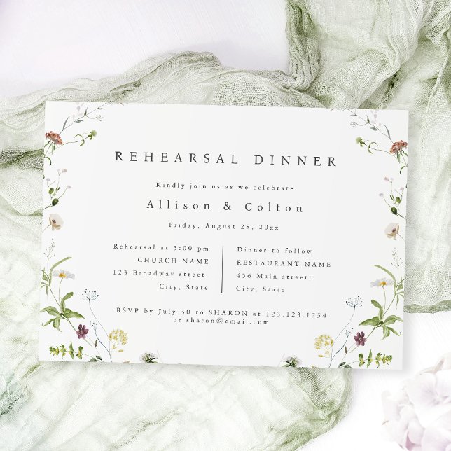 Invitation Sage Green Fleur sauvage Rustic Boho Rehearer Dîne (Elegant Wildflower Rustic Boho Wedding photo Invitation)
