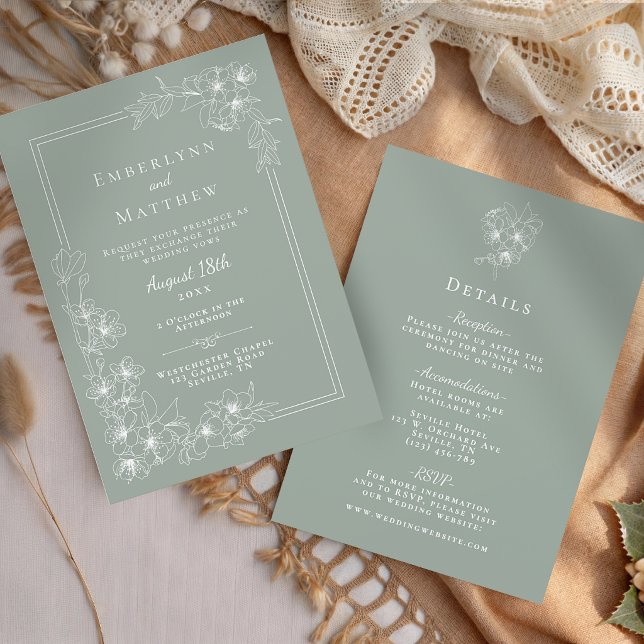 Invitation Sage Green Floral All in One Wedding (Sage Green Floral All in One Wedding Invitation)