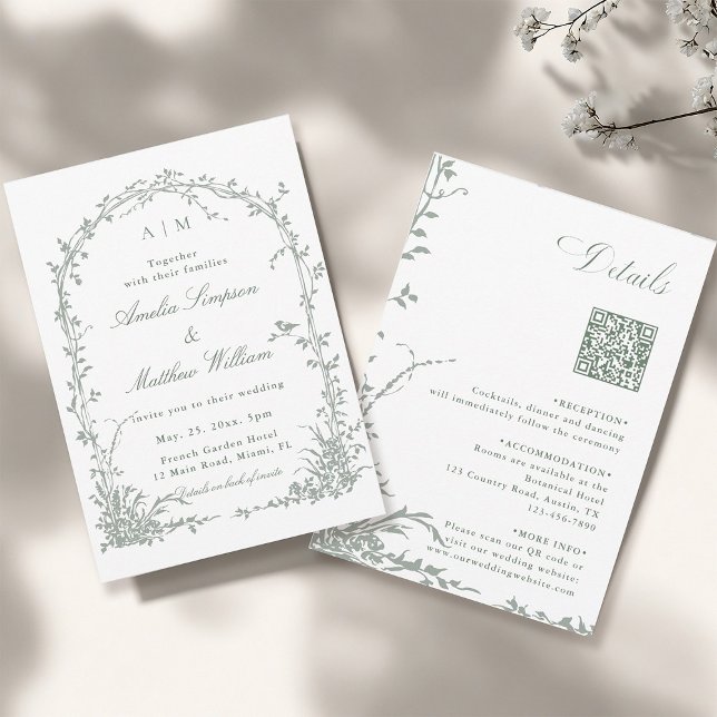 Invitation Sage Green Floral Arch Garden All in One Wedding   (Front & Back)