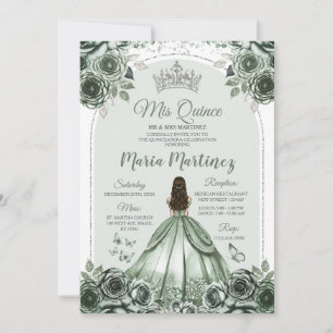 Invitation Sage Green Floral Argent Couronne Princesse Mis Qu