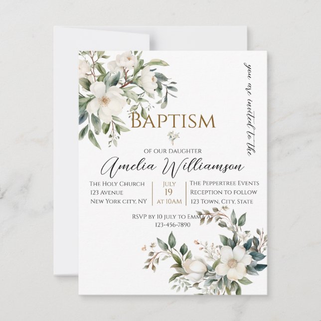 Invitation Sage Green Floral Baptême (Devant)