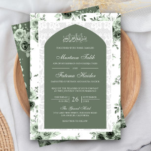 Invitation Sage Green Floral Blanc dentelle Arc Mariage musul