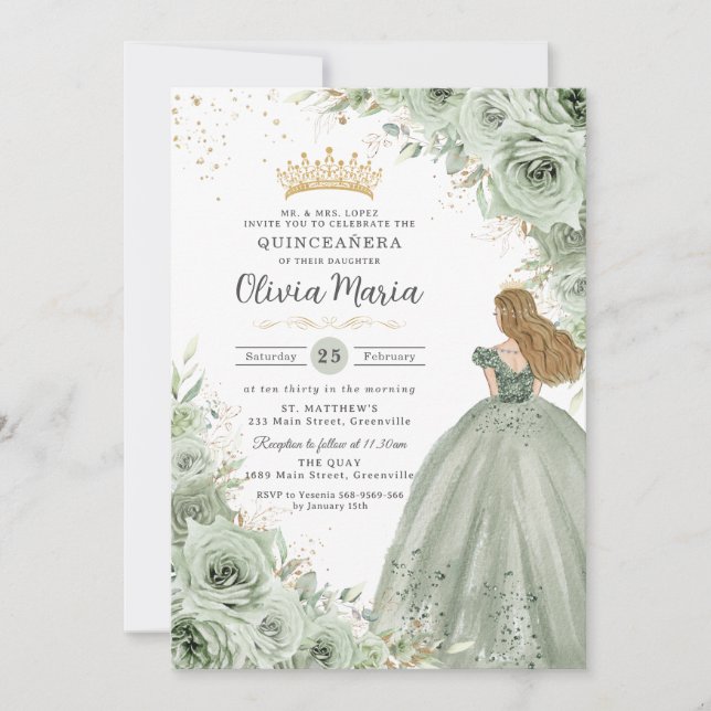 Invitation Sage Green Floral Blonde Princesse Quinceañera (Devant)
