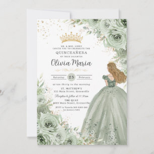 Invitation Sage Green Floral Blonde Princesse Quinceañera