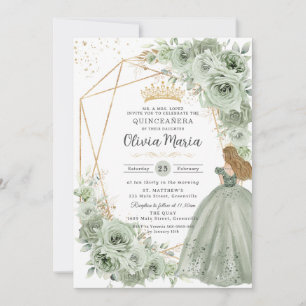 Invitation Sage Green Floral Blonde Princesse Quinceañera Gol