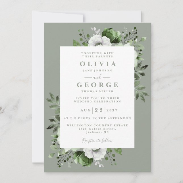 Invitation Sage Green Floral Botanique Moderne Mariage (Devant)
