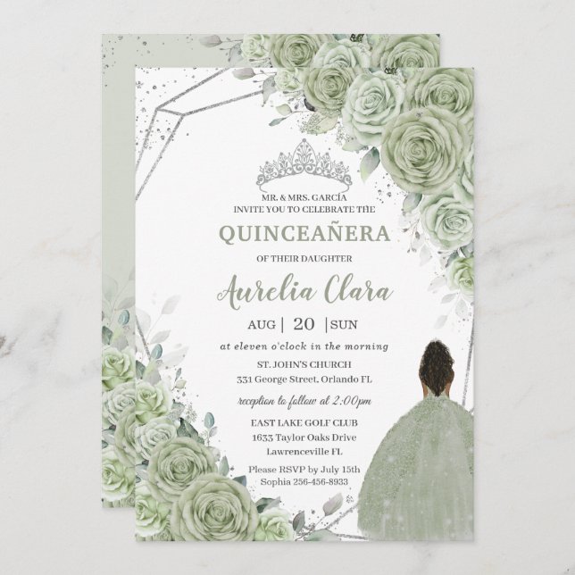 Invitation Sage Green Floral Brown fille Argent 15 Quinceañer (Devant / Derrière)