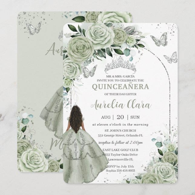 Invitation Sage Green Floral Brown fille Silver Quinceañera (Devant / Derrière)