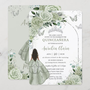 Invitation Sage Green Floral Brown fille Silver Quinceañera