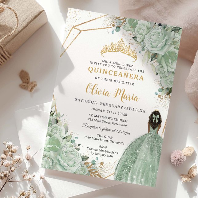 Invitation Sage Green Floral Brown Princesse Or Quinceañera (Créateur téléchargé)