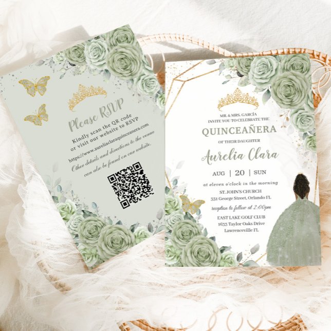 Invitation Sage Green Floral Brown Princesse Quinceañera QR (Créateur téléchargé)