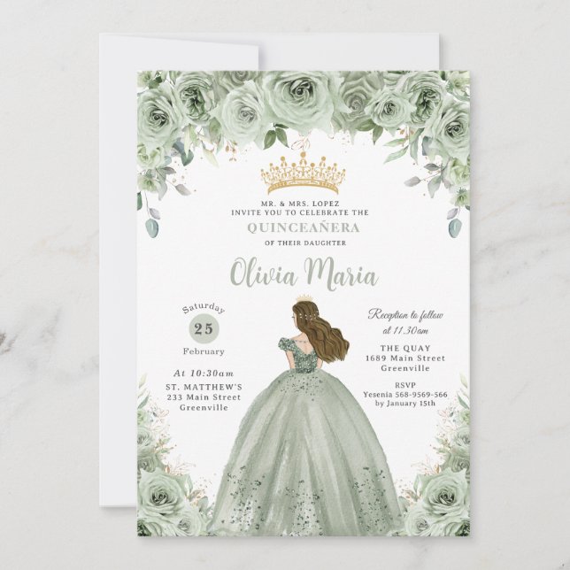 Invitation Sage Green Floral Brunette Princesse Quinceañera (Devant)