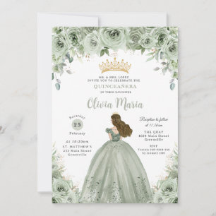 Invitation Sage Green Floral Brunette Princesse Quinceañera