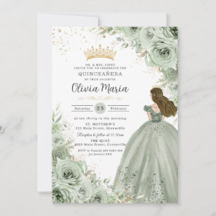 Invitation Sage Green Floral Brunette Princesse Quinceañera