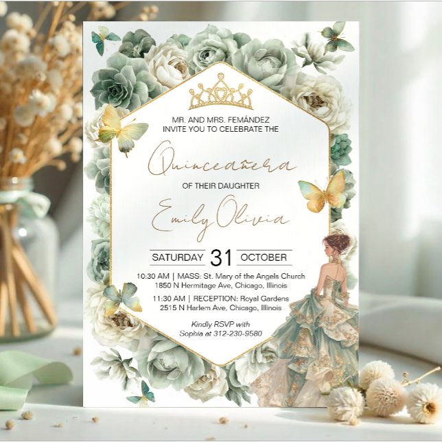 Invitation Sage Green Floral Butterfly Tiara Quinceañera (Créateur téléchargé)