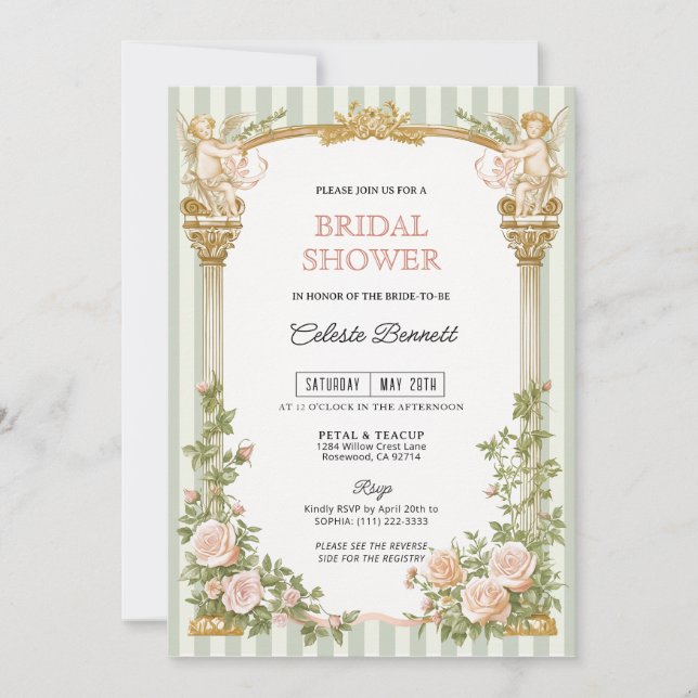 Invitation Sage Green Floral Cherub Bridal Shower  (Devant)