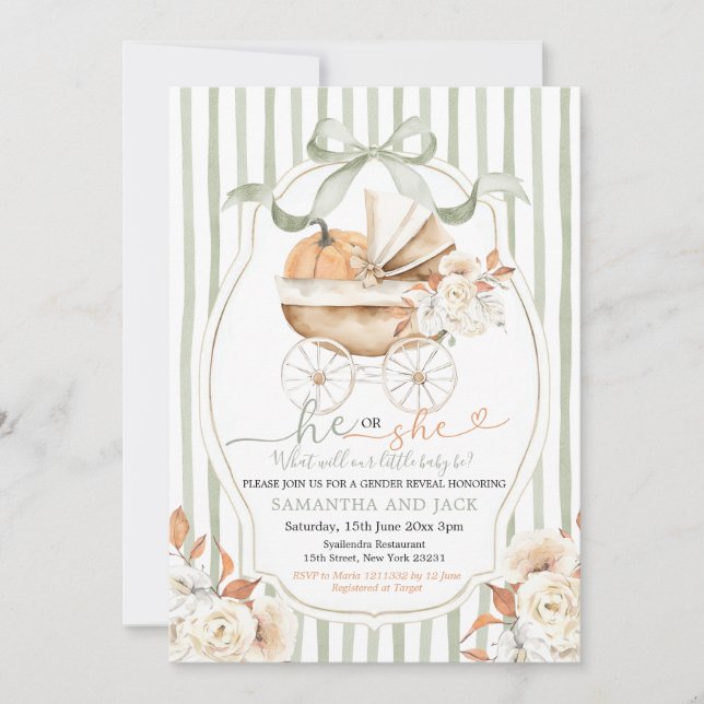 Invitation Sage Green Floral Citrouille Carriage Sexe Reveal (Devant)