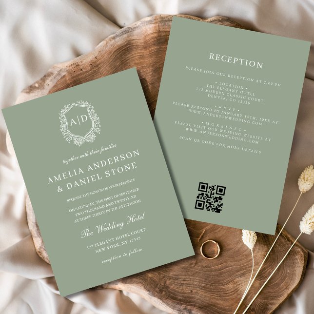 Invitation Sage Green Floral Crest Monogramme Mariage QR Code (Créateur téléchargé)