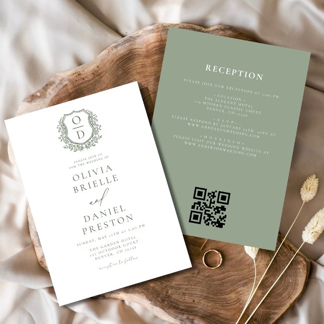 Invitation Sage Green Floral Crest Monogramme Mariage QR Code (Créateur téléchargé)