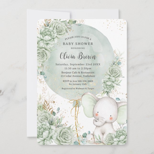 Invitation Sage Green Floral Elephant Baby shower neutre (Devant)
