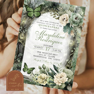 Invitation Sage Green Floral Enchanted Forest Quinceanera