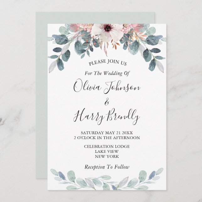 Invitation Sage Green Floral Eucalyptus Mariage I (Devant / Derrière)