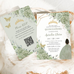 Invitation Sage Green Floral Marron Princess Quinceañera QR
