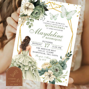 Invitation Sage Green Floral Mexicaine Princesse Quinceanera