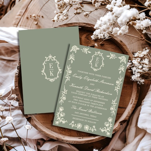Invitation Sage Green Floral Old Money Monogram Crest Wedding (Créateur téléchargé)