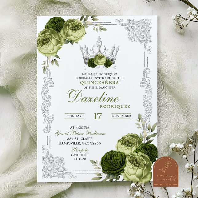 Invitation Sage Green Floral Papillon Quinceanera (Créateur téléchargé)