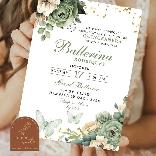 Invitation Sage Green Floral Papillon Quinceanera (Créateur téléchargé)