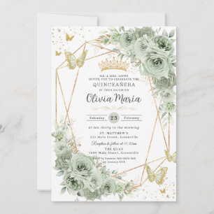 Invitation Sage Green Floral Papillons Or Quinceañera