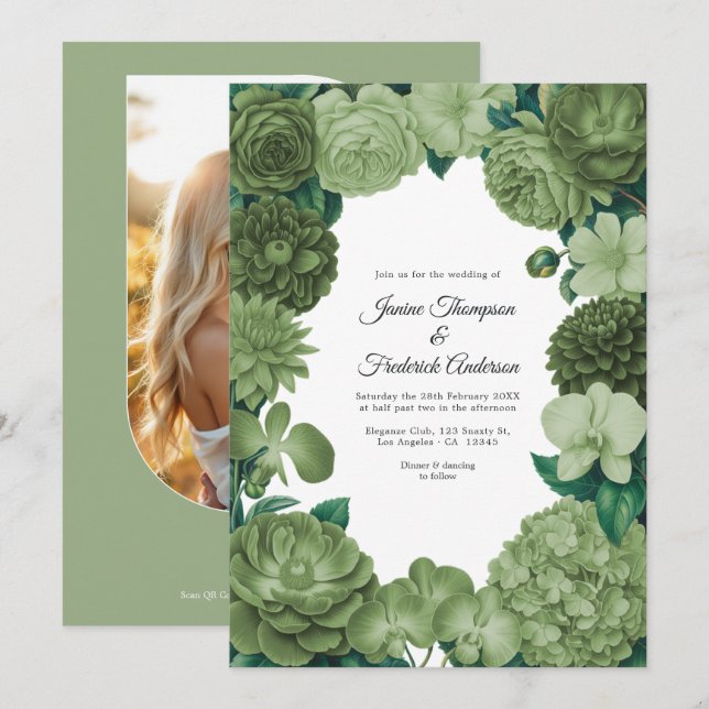 Invitation Sage Green Floral Photo and QR Code Wedding (Devant / Derrière)