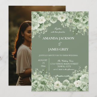 Invitation Sage Green Floral Photo Back Wedding 