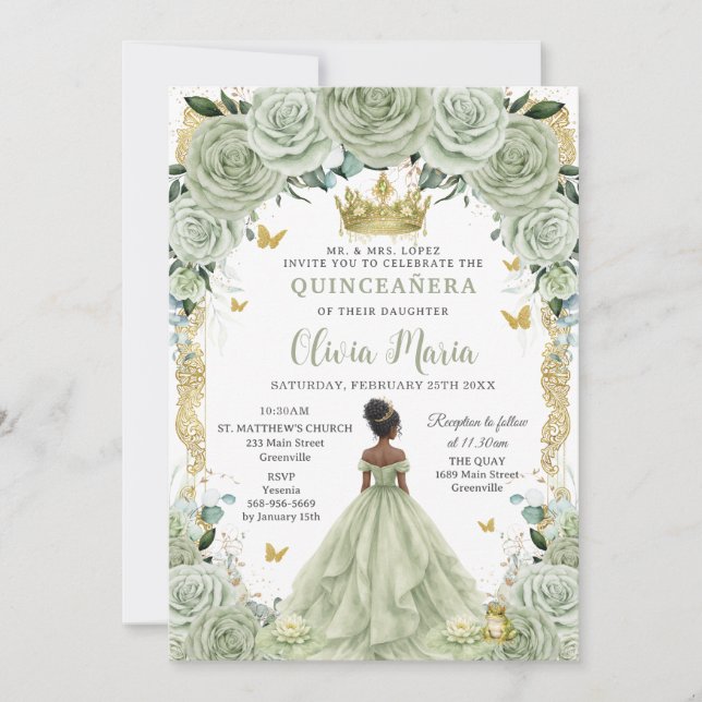 Invitation Sage Green Floral Princess and Frog Quinceañera  (Devant)