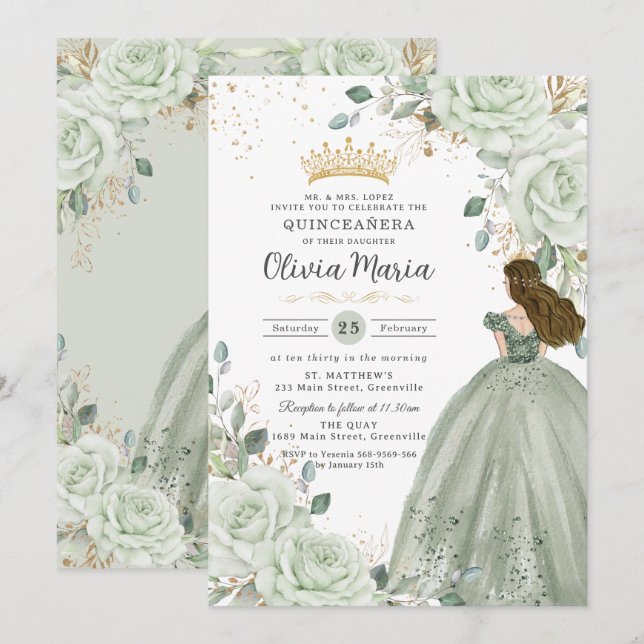 Invitation Sage Green Floral Princess Gown Quinceañera Quince (Devant / Derrière)