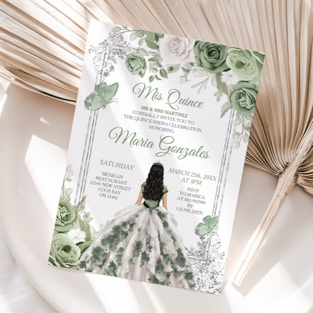 Invitation Sage Green Floral Princesse Robe Argent Mis Quince (Créateur téléchargé)
