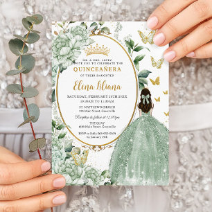 Invitation Sage Green Floral Princesse Robe Or Quinceañera