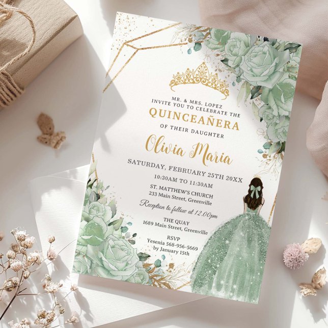 Invitation Sage Green Floral Princesse Robe Or Quinceañera (Créateur téléchargé)