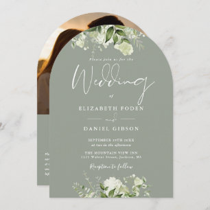 Invitation Sage Green Floral QR Code Photo Arc Mariage